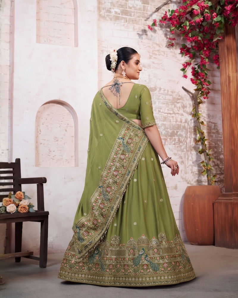 Olive Green Embroidered Silk Crush Lehenga Set