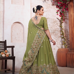 Olive Green Embroidered Silk Crush Lehenga Set