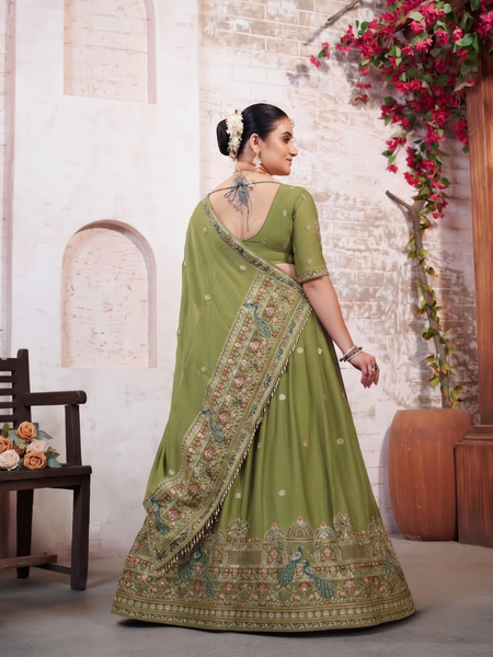 Olive Green Embroidered Silk Crush Lehenga Set