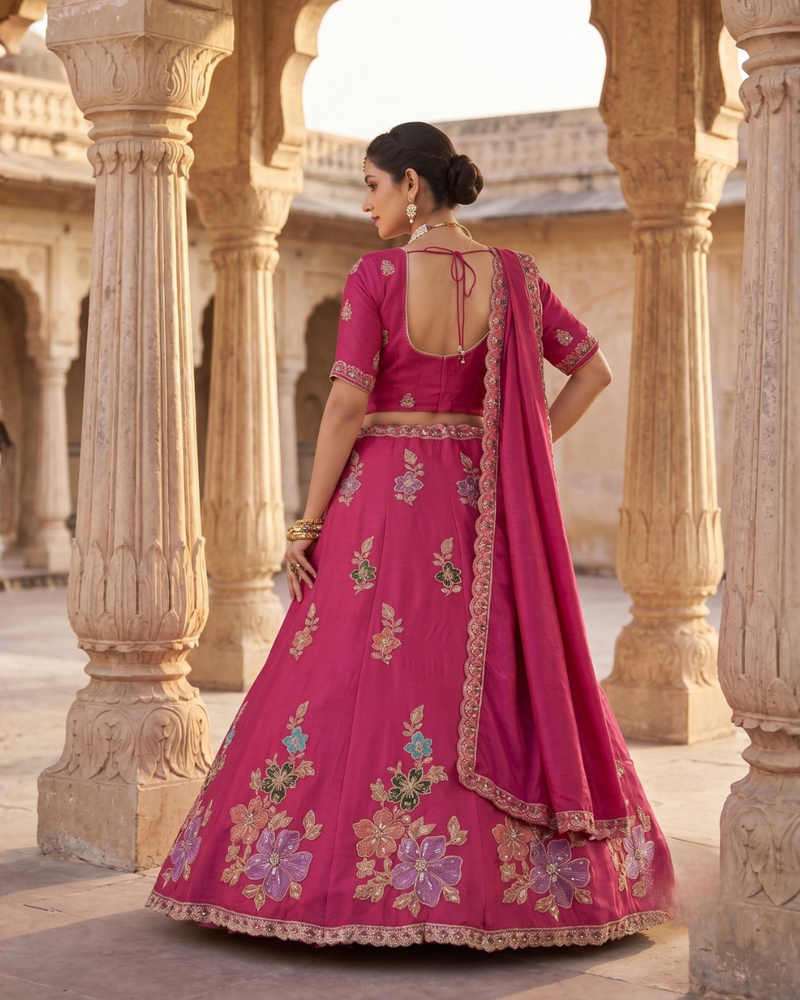 Pink Traditional Sindoor Satin Embroidered Lehenga Choli