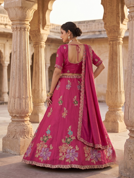Pink Traditional Sindoor Satin Embroidered Lehenga Choli