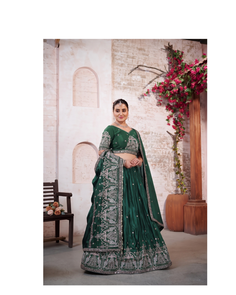 Green Traditional Silk Lehenga Choli with Embroidery