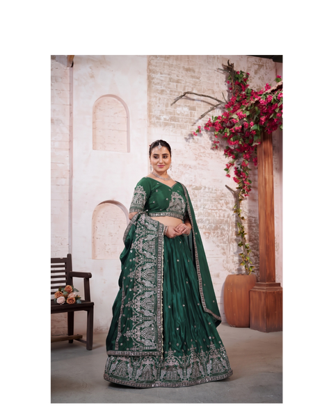 Green Traditional Silk Lehenga Choli with Embroidery