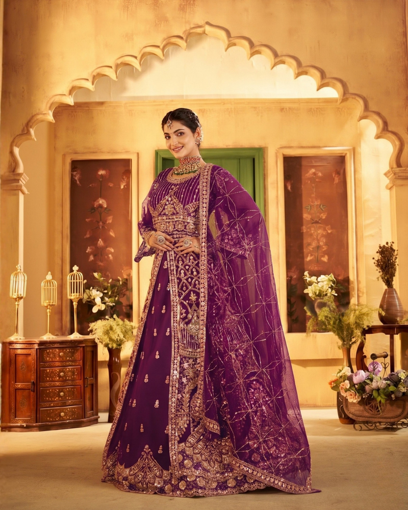 Wine Wedding Wear Sindoor Satin Embroidered Lehenga Set