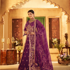 Wine Wedding Wear Sindoor Satin Embroidered Lehenga Set