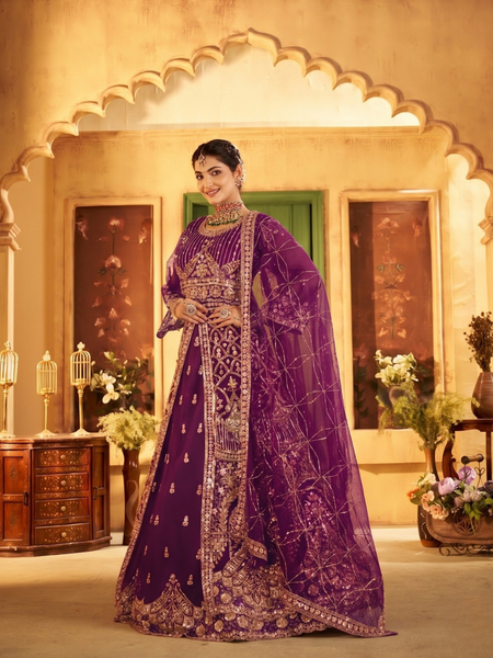 Wine Wedding Wear Sindoor Satin Embroidered Lehenga Set