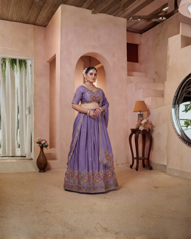 Purple Silk Crush Premium Embroidered Lehenga