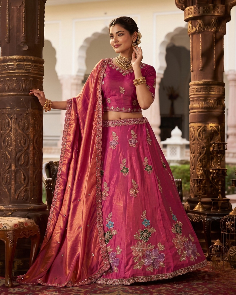Pink Traditional Sindoor Satin Embroidered Lehenga Choli
