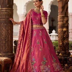 Pink Traditional Sindoor Satin Embroidered Lehenga Choli