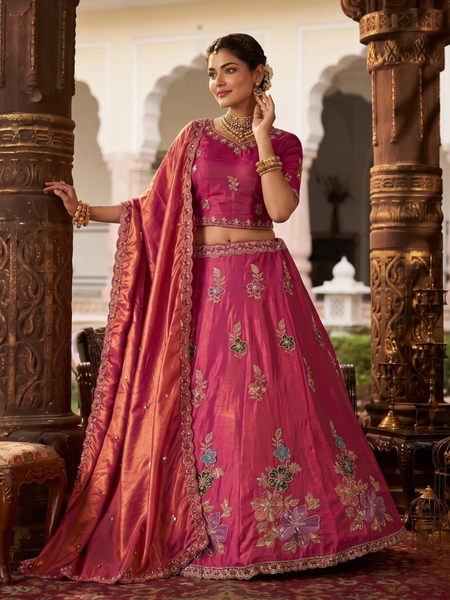 Pink Traditional Sindoor Satin Embroidered Lehenga Choli