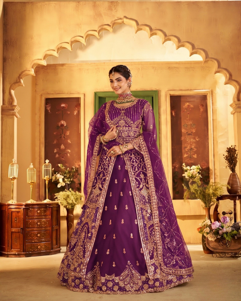 Wine Wedding Wear Sindoor Satin Embroidered Lehenga Set