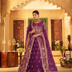 Wine Wedding Wear Sindoor Satin Embroidered Lehenga Set