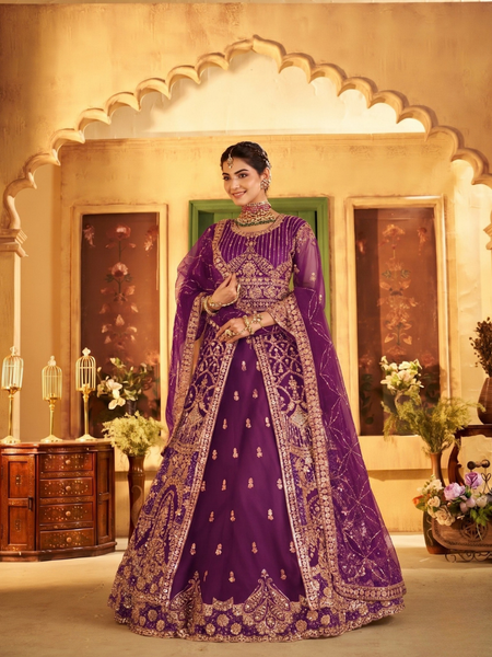 Wine Wedding Wear Sindoor Satin Embroidered Lehenga Set