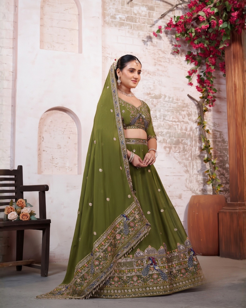 Olive Green Embroidered Silk Crush Lehenga Set