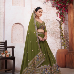 Olive Green Embroidered Silk Crush Lehenga Set