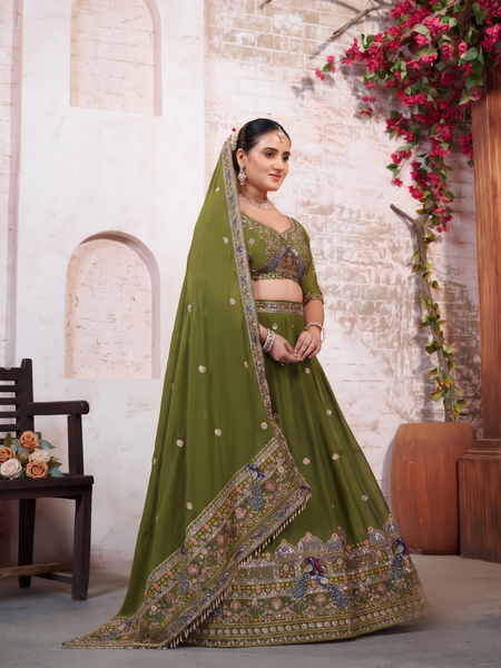 Olive Green Embroidered Silk Crush Lehenga Set