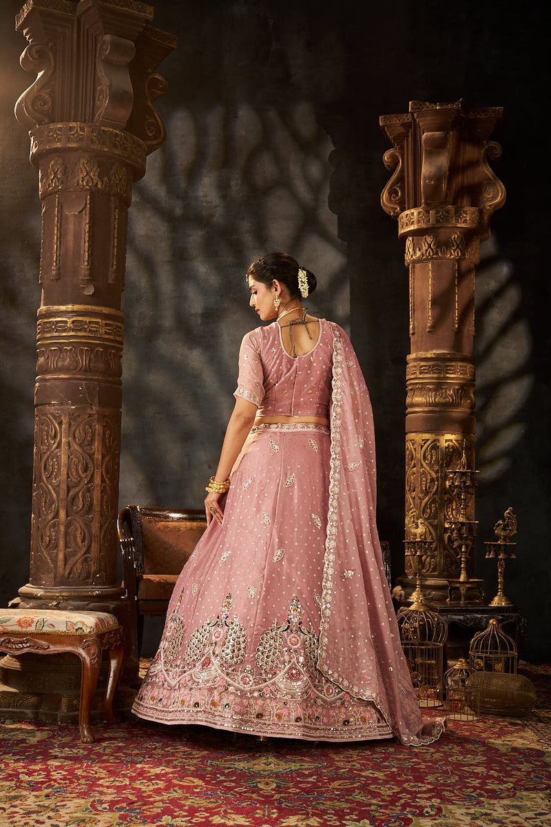 Peach Festive Moss Butti Embroidery Lehenga Set