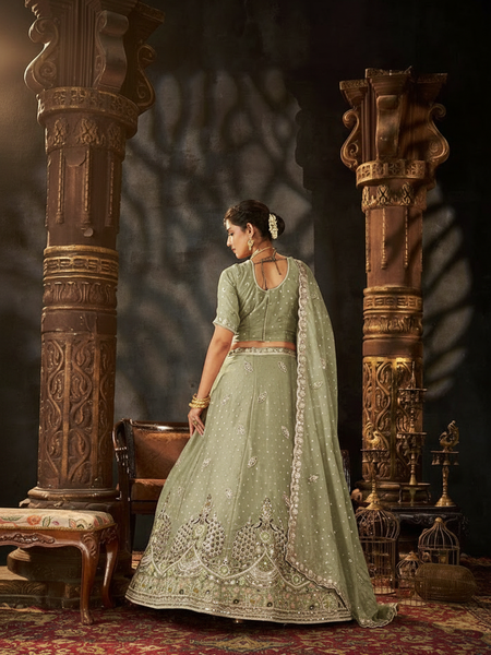 Tea Green Occasion Wear Embroidered Moss Lehenga