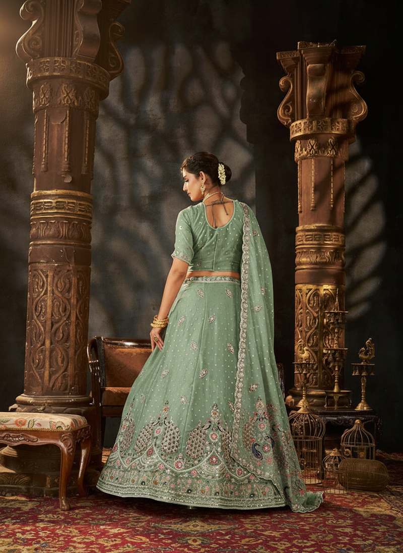 Peach Festive Moss Butti Embroidery Lehenga Set
