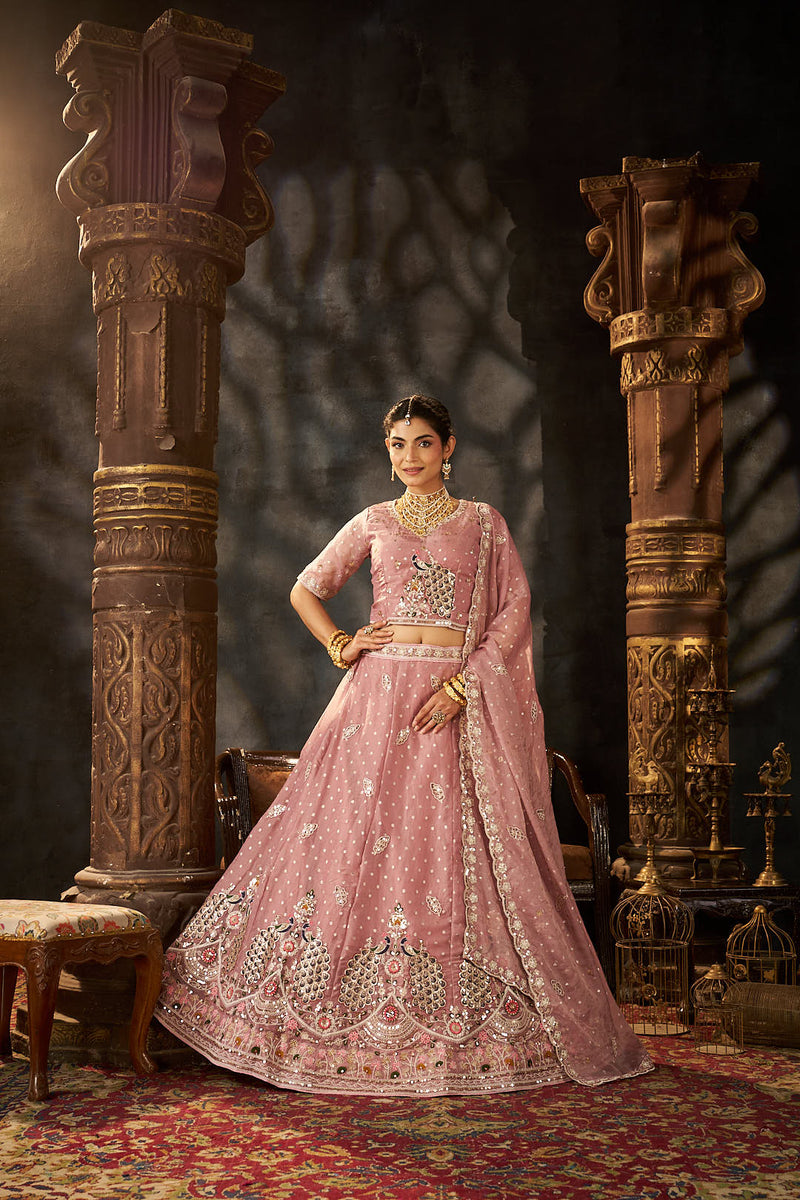 Peach Festive Moss Butti Embroidery Lehenga Set