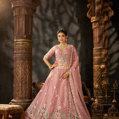 Peach Festive Moss Butti Embroidery Lehenga Set