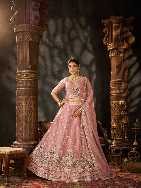 Onion Pink Wedding Wear Moss Butti Lehenga Choli