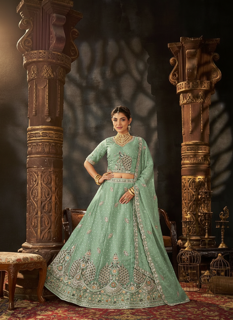 Peach Festive Moss Butti Embroidery Lehenga Set