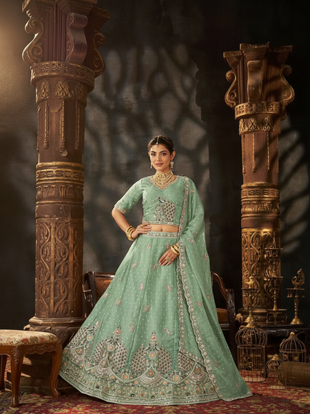Mint Green Ethnic Moss Butti Embroidered Lehenga