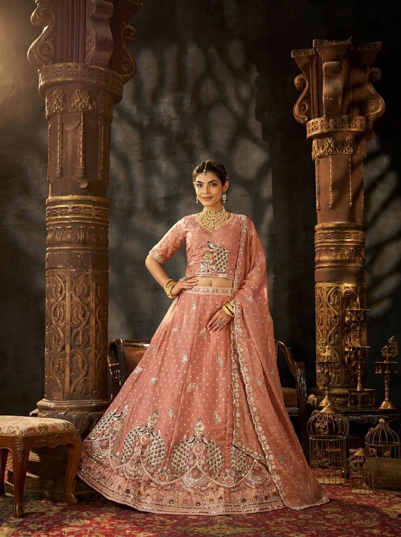 Peach Festive Moss Butti Embroidery Lehenga Set