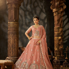 Peach Festive Moss Butti Embroidery Lehenga Set