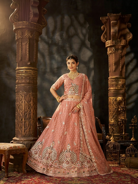 Peach Festive Moss Butti Embroidery Lehenga Set