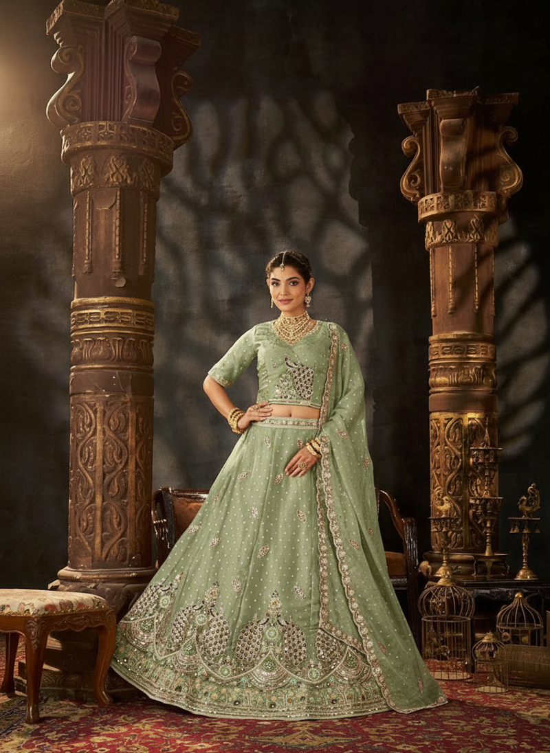 Peach Festive Moss Butti Embroidery Lehenga Set