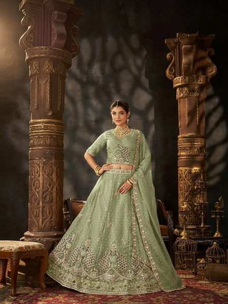 Tea Green Occasion Wear Embroidered Moss Lehenga