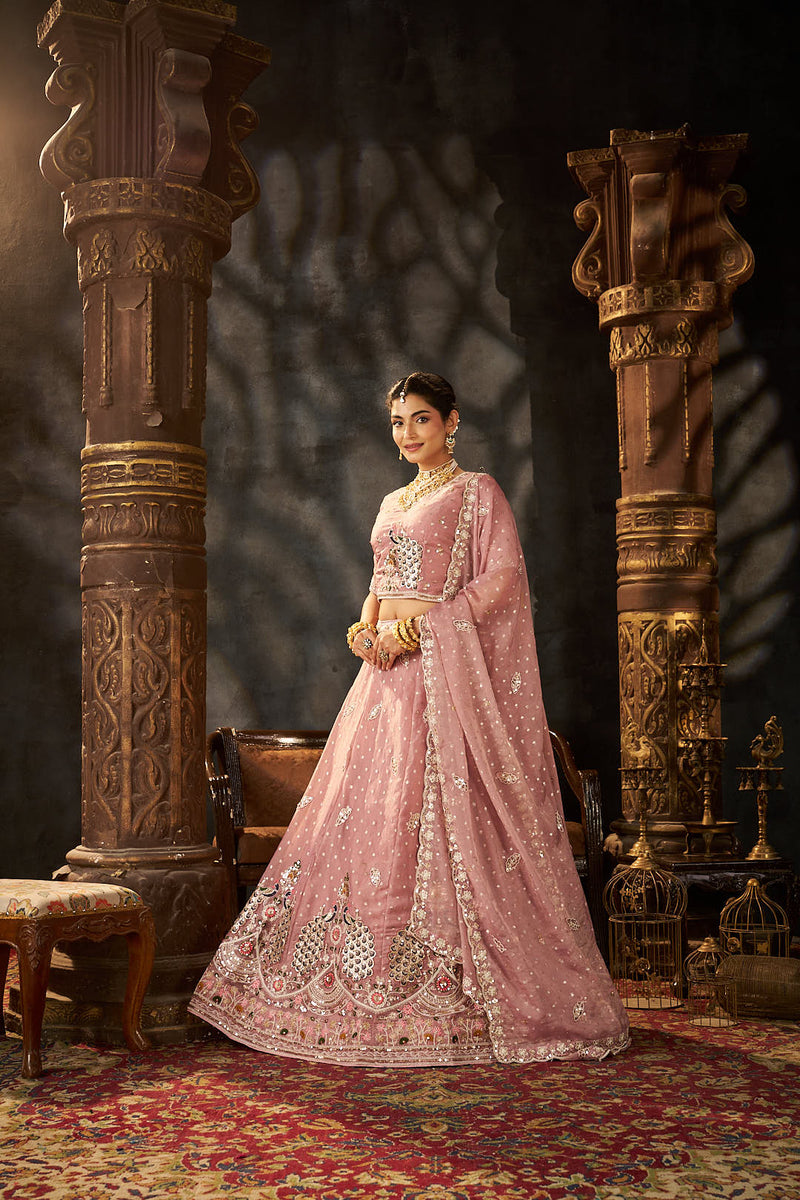Peach Festive Moss Butti Embroidery Lehenga Set