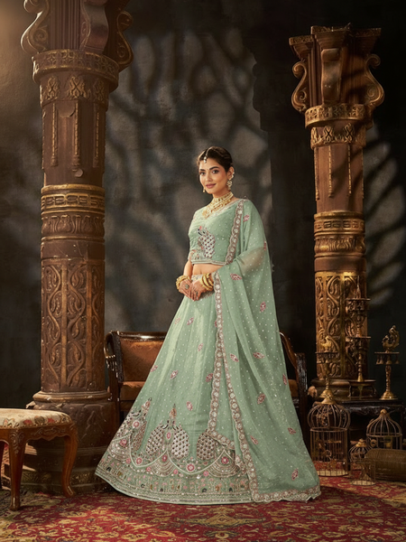 Mint Green Ethnic Moss Butti Embroidered Lehenga