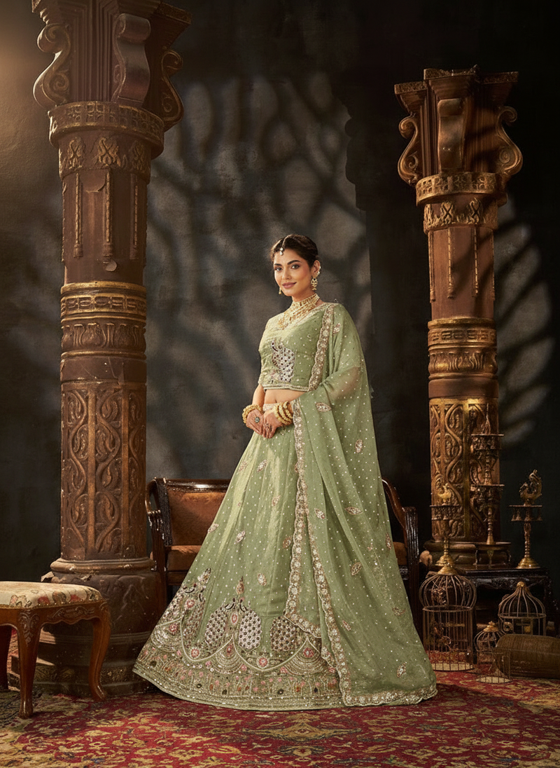 Peach Festive Moss Butti Embroidery Lehenga Set