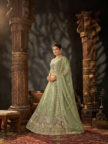 Tea Green Occasion Wear Embroidered Moss Lehenga