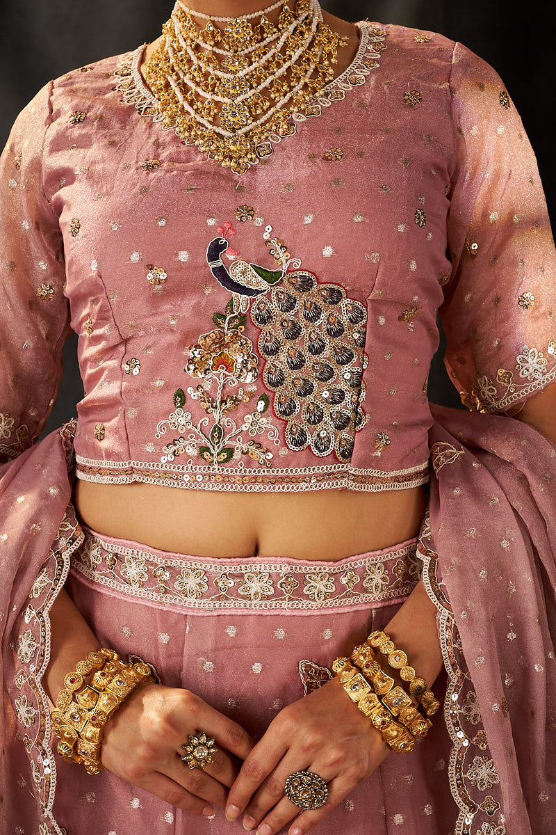 Peach Festive Moss Butti Embroidery Lehenga Set