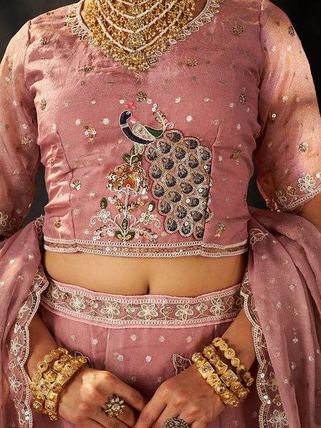 Peach Festive Moss Butti Embroidery Lehenga Set