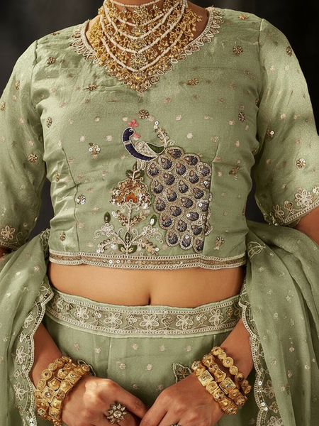 Tea Green Occasion Wear Embroidered Moss Lehenga