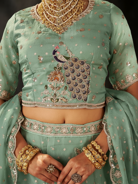 Mint Green Ethnic Moss Butti Embroidered Lehenga
