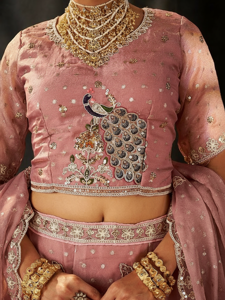 Onion Pink Wedding Wear Moss Butti Lehenga Choli