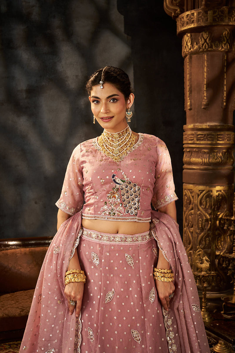 Peach Festive Moss Butti Embroidery Lehenga Set