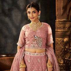 Peach Festive Moss Butti Embroidery Lehenga Set