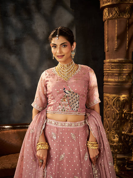 Peach Festive Moss Butti Embroidery Lehenga Set