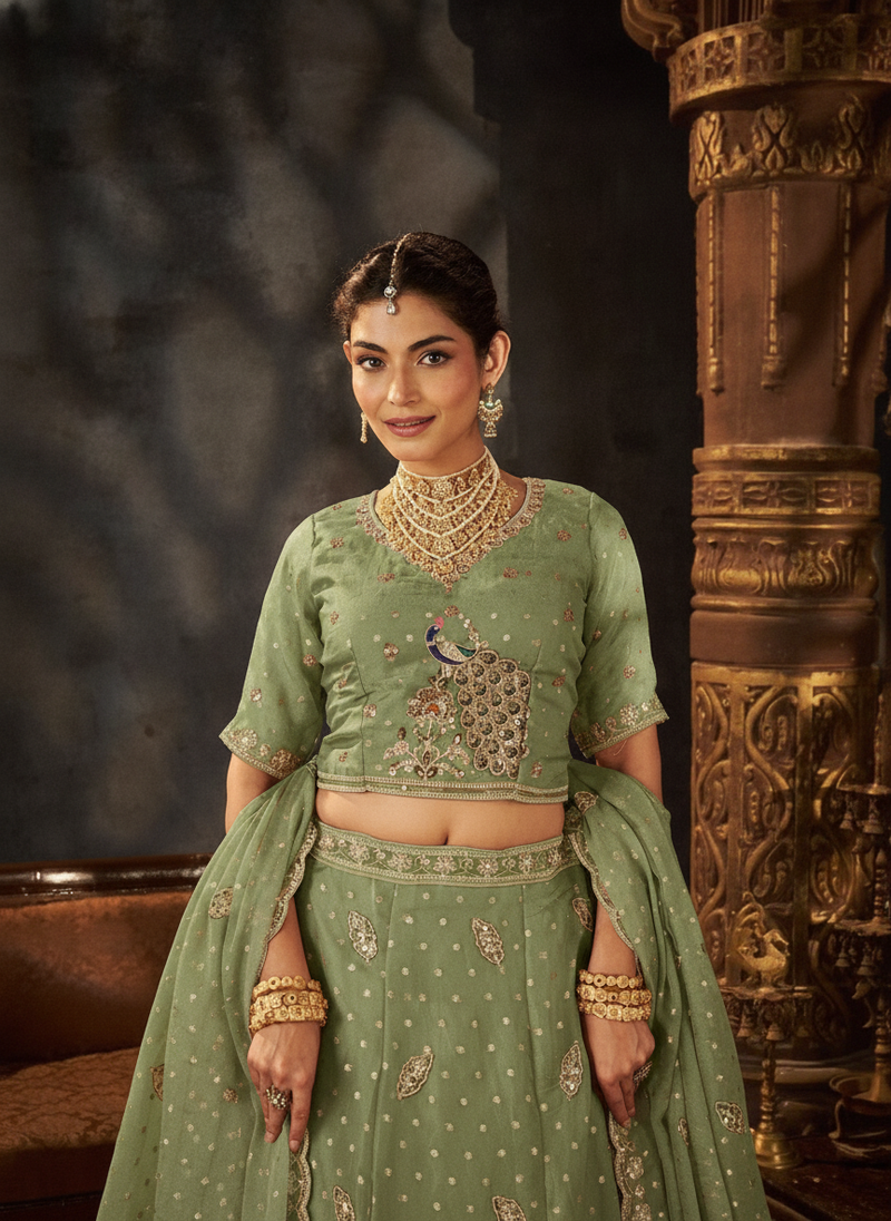 Peach Festive Moss Butti Embroidery Lehenga Set