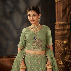 Peach Festive Moss Butti Embroidery Lehenga Set