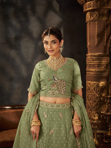 Tea Green Occasion Wear Embroidered Moss Lehenga