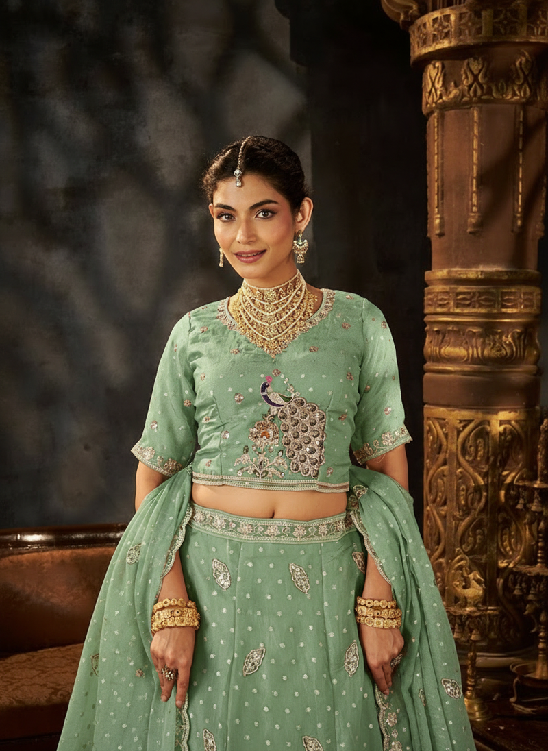 Peach Festive Moss Butti Embroidery Lehenga Set