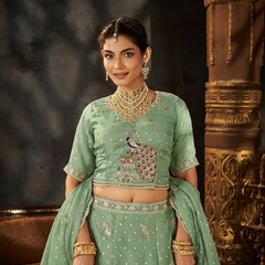 Peach Festive Moss Butti Embroidery Lehenga Set